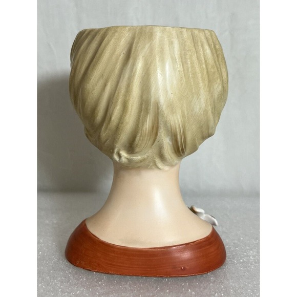 Vintage Lady Head Vase, Enesco E-2188, Blonde, Burnt Orange Top - Picture 4 of 8